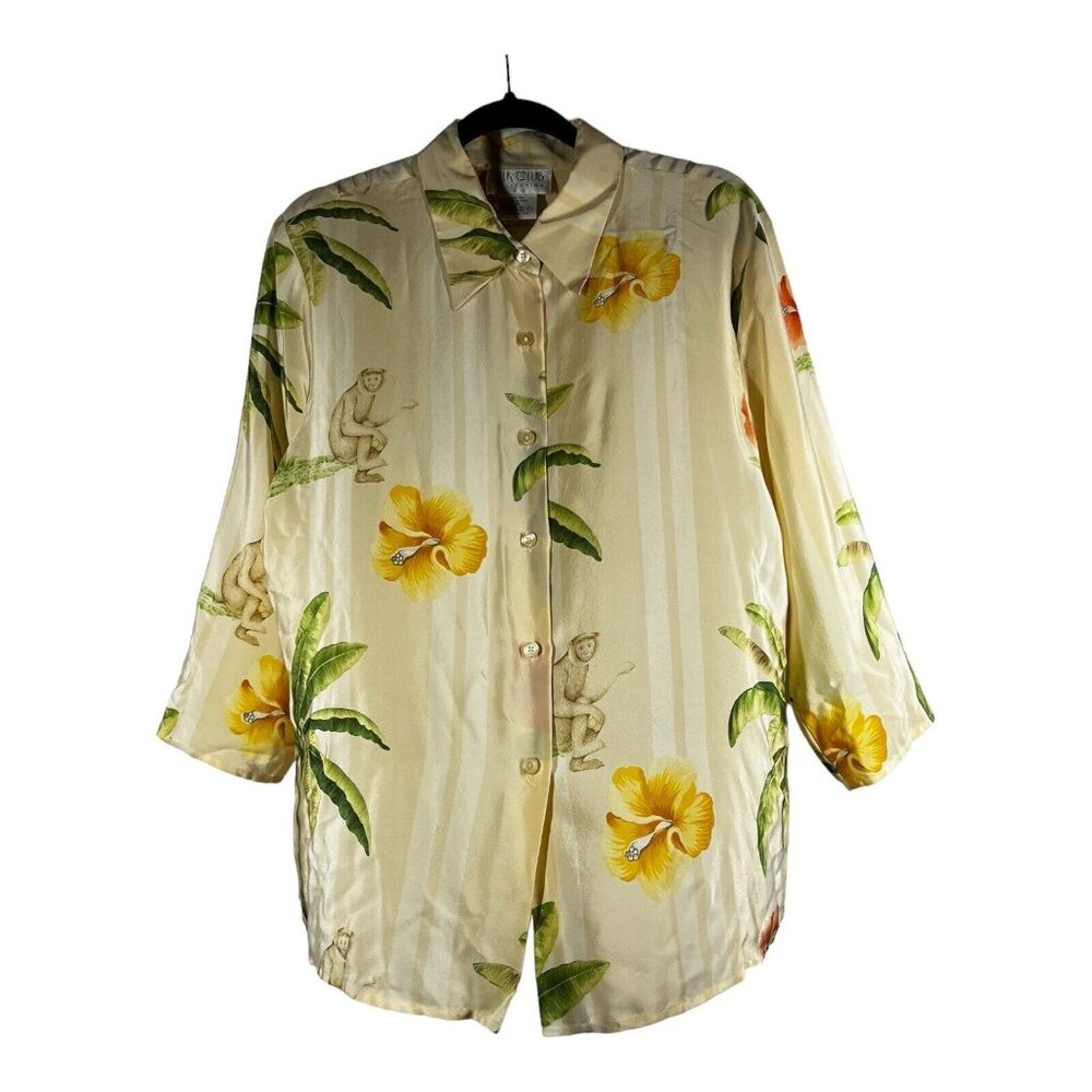 Silk Club Collection blouse Tropical 100%‎ Silk Button Down Top XL